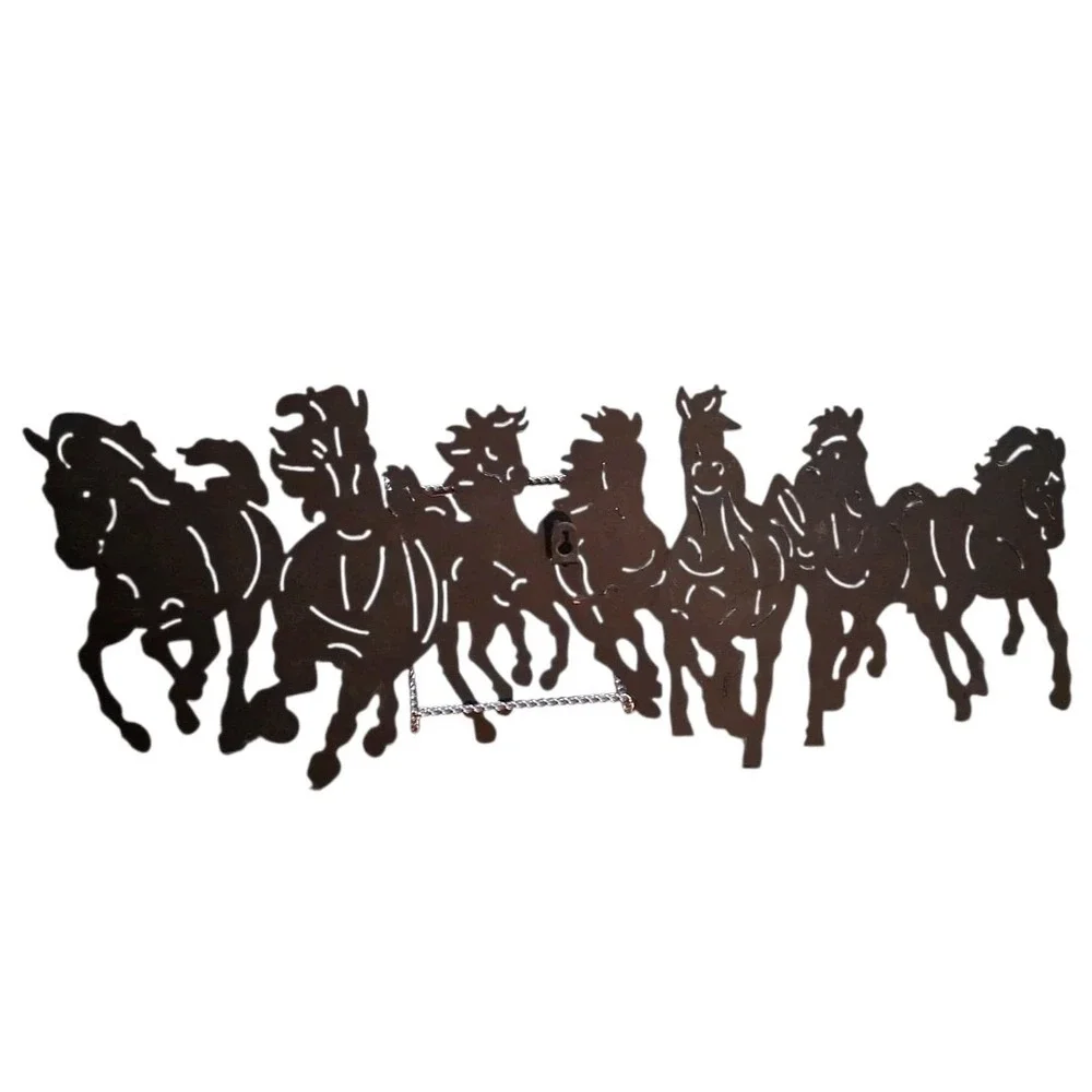 Seven Rustic Running Wild Horses 3D Intricately Cut Black Metal Wall Art 23Lx9T